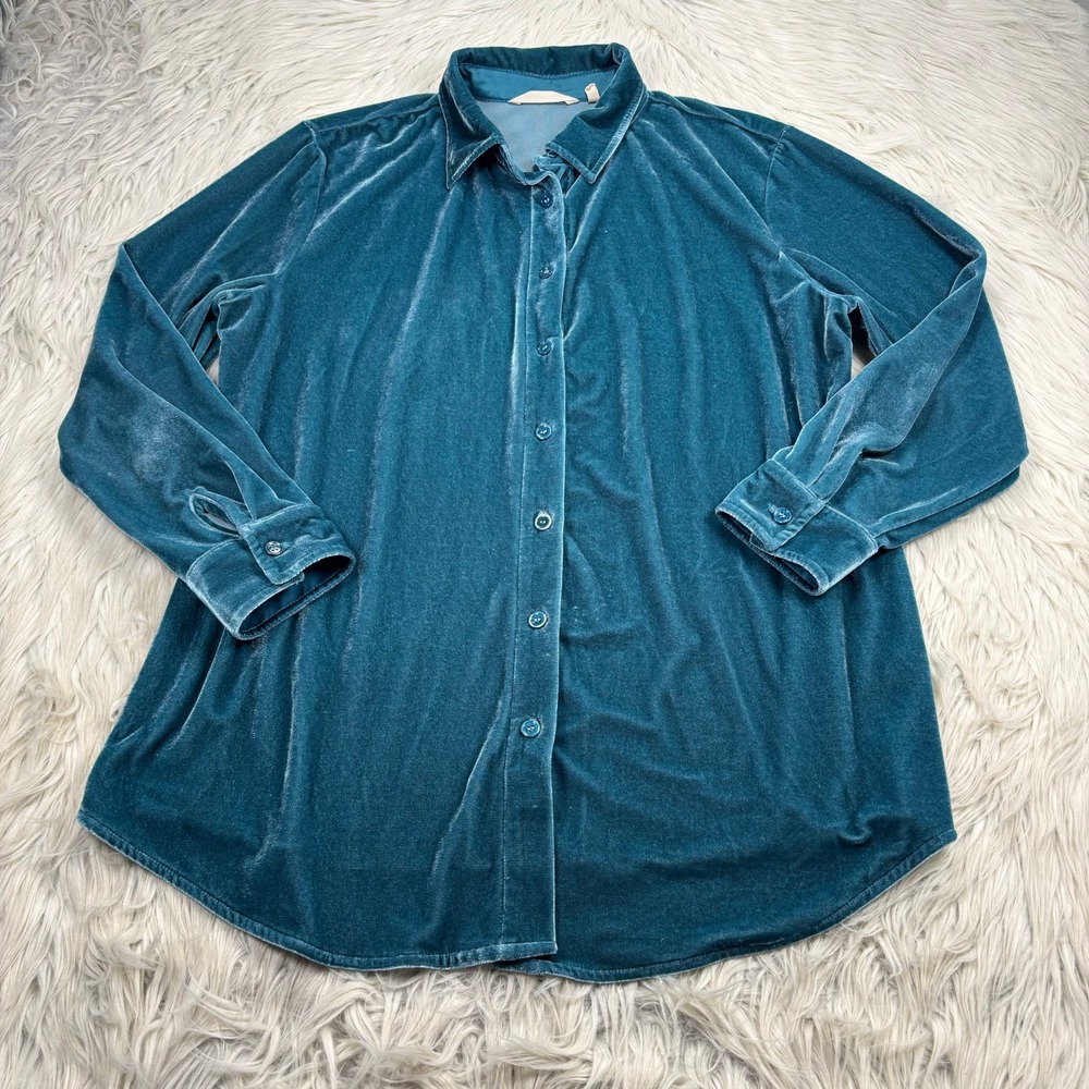 Soft Surroundings Women's PL Teal Velvet Button Front Tunic Top Maximalist